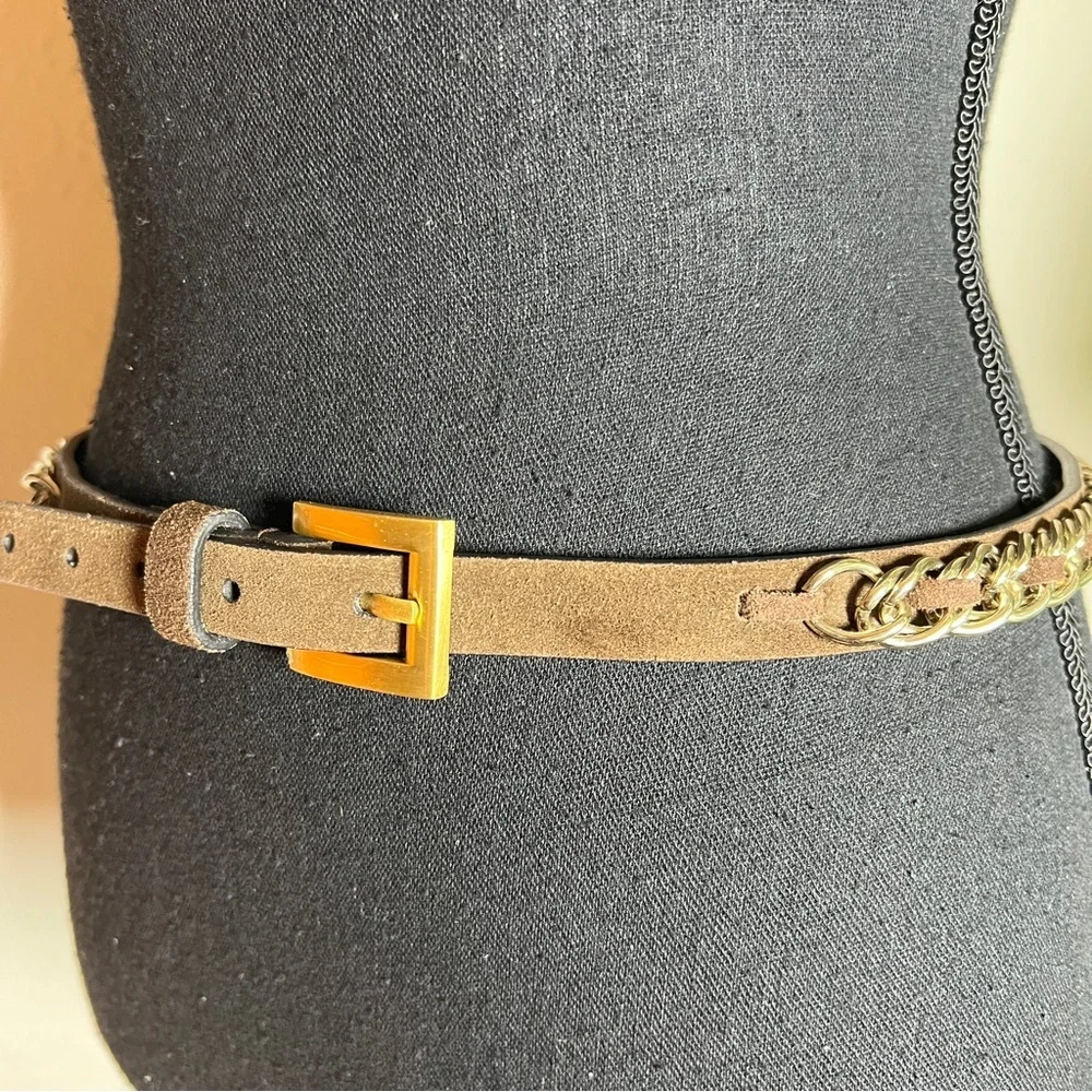 Women’s Dark Brown Suede Gold Chain Link Belt with Gold Tone Buckle Med/Large